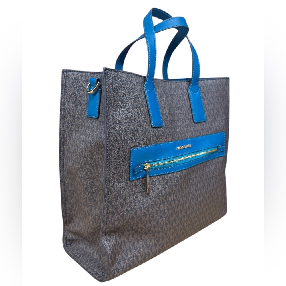 Michael Kors Kenly Brown Blue Lagoon MK Signature Large Tote Shoulder Bag Purse - Picture 8 of 14